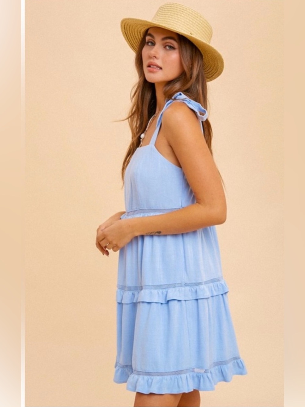 NWT Hem & Thread Light Blue Tiered Ruffle Mini Dress - Picture 4 of 5